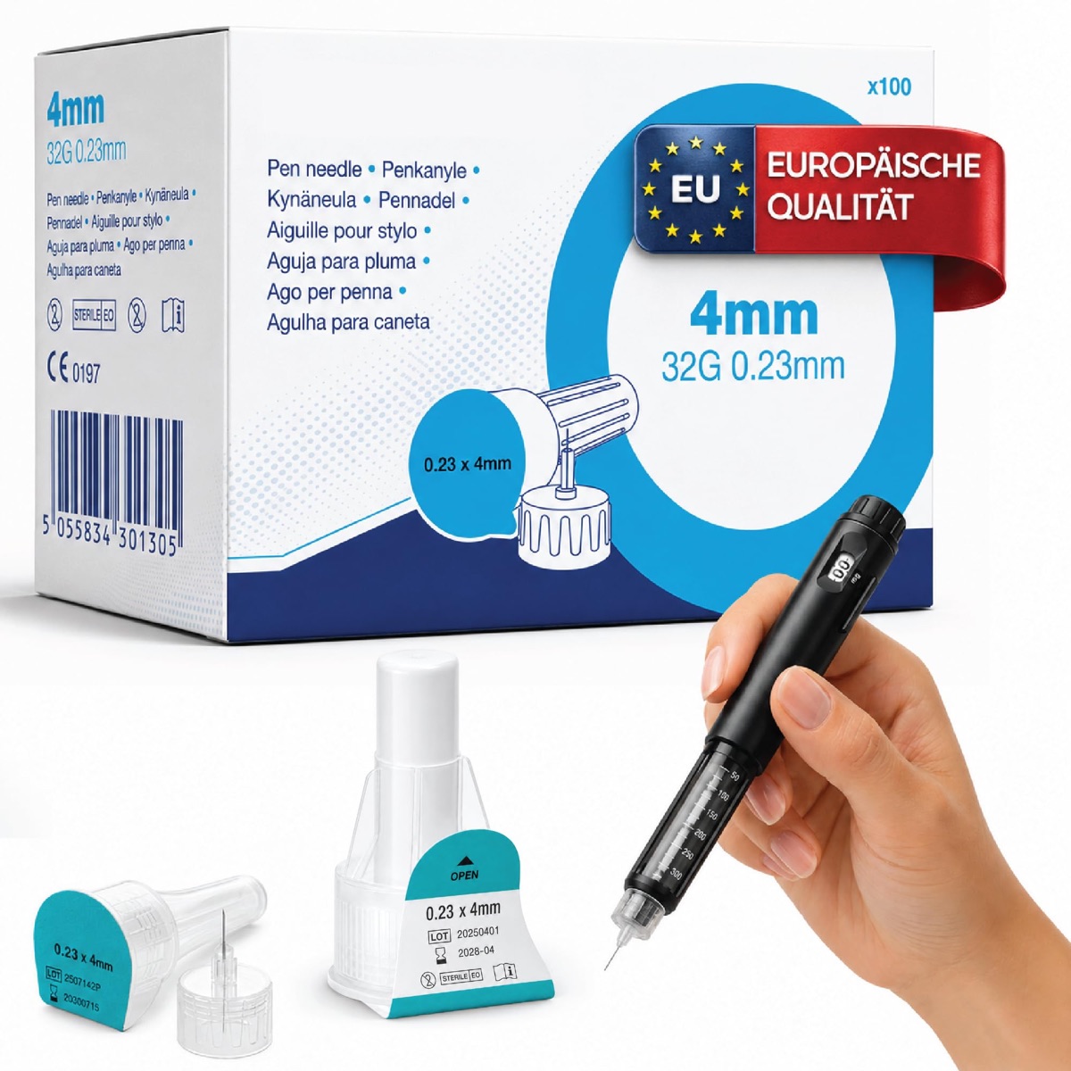 Tricare Pen-Nadeln 32G × 4 mm — Verpackung mit 100 Stück, Pen und Einzelnadel